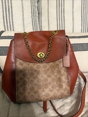 Coach Brown Signature Canvas & Leather Backpack with Gold Chain